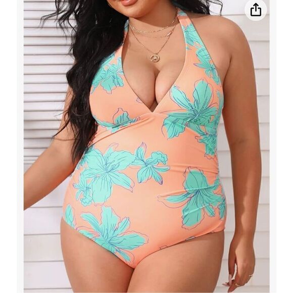 CUPSHE Women Swimsuit Plus Size One Piece Bathing Suit Deep V Neck Halter - Picture 1 of 6